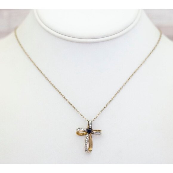 19 inch, Vintage Cross Ribbon Black Heart Sterling Silver Necklace - BZ1 - Picture 2 of 3